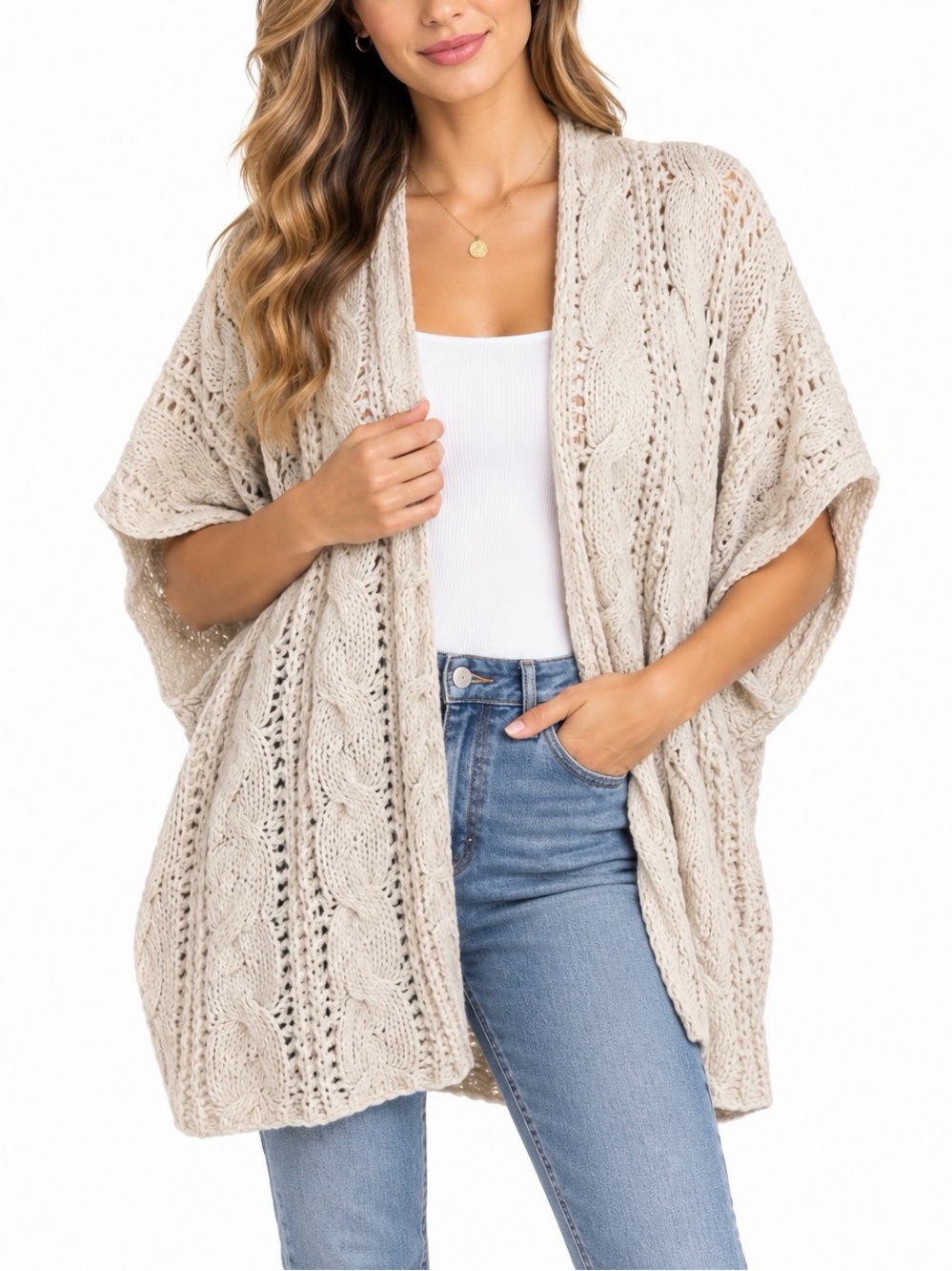 Aerie One Size Cream Cable Knit Open Front Cardigan Oversized Boho Sweater
